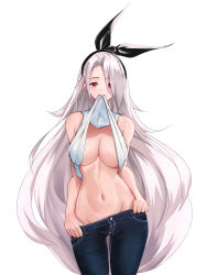Rule 34 | 1girl, absurdres, azur lane, bare shoulders, black hairband, blush, breasts, casual, cleavage, closed mouth, clothes lift, clothes pull, commentary, cowboy shot, denim, dintea, groin, hair between eyes, hair over one eye, hairband, highres, jeans, large breasts, lifting own clothes, long hair, looking at viewer, mole, mole under eye, mouth hold, navel, pants, pants pull, parted bangs, prinz heinrich (azur lane), pulling own clothes, red eyes, shirt, shirt lift, sidelocks, simple background, sleeveless, sleeveless shirt, smile, solo, standing, stomach, very long hair, white background, white hair, white shirt