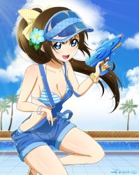 Rule 34 | 1girl, :d, bikini, blue eyes, blue sky, bracelet, breasts, brown hair, cleavage, cloud, commentary request, cowboy shot, denim, female focus, fence, flower, hair flower, hair ornament, hair ribbon, highres, holding, holding water gun, jewelry, love live!, love live! nijigasaki high school idol club, love live! school idol project, mixed-language commentary, open mouth, osaka shizuku, outdoors, overalls, palm tree, ponytail, pool, poolside, ribbon, sandals, satolive20, scrunchie, signature, sky, small breasts, smile, solo, standing, striped bikini, striped clothes, summer, swimsuit, teeth, tree, upper teeth only, visor cap, water gun, wrist scrunchie