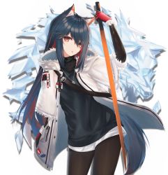 Rule 34 | 1girl, animal ear fluff, animal ears, arknights, arm up, black hair, black pantyhose, black shirt, commentary, cowboy shot, gloves, hair between eyes, head tilt, highres, holding, holding sword, holding weapon, jacket, jewelry, lancer (worudrleh1), long hair, looking at viewer, open clothes, open jacket, pantyhose, parted lips, pendant, red eyes, red gloves, reverse grip, shirt, short shorts, shorts, sidelocks, simple background, solo, standing, sword, tail, texas (arknights), thighs, very long hair, weapon, white background, white jacket, white shorts, wolf ears, wolf tail