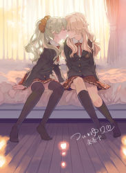 Rule 34 | 2girls, arms at sides, backlighting, bed, bedroom, black socks, blazer, blonde hair, blush, breasts, buttons, closed eyes, collared shirt, cosmic (crownclowncosmic), couple, curtains, eyelashes, face-to-face, full body, hair ornament, hair over shoulder, hair scrunchie, highres, holding hands, imminent kiss, incest, indoors, jacket, kneehighs, leaning forward, leaning to the side, long hair, long sleeves, miniskirt, multiple girls, neck ribbon, no shoes, official art, on bed, parted lips, pleated skirt, ponytail, profile, red ribbon, red skirt, ribbon, school uniform, scrunchie, shadow, shirt, siblings, sidelocks, signature, sisters, sitting, skirt, small breasts, socks, thighhighs, tsui yuri okaa san ni wa naisho da yo, upskirt, wavy hair, white shirt, yuri