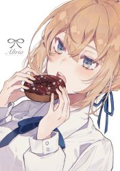 Rule 34 | 1girl, artoria pendragon (all), artoria pendragon (fate), bad id, bad twitter id, blonde hair, blue eyes, blue ribbon, blush, crossed arms, doughnut, eating, fate/stay night, fate (series), food, hair between eyes, hair ribbon, highres, holding, long sleeves, neck ribbon, open mouth, ribbon, saber (fate), satsuki (miicat), shirt, simple background, solo, upper body, white background, white shirt