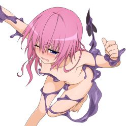 Rule 34 | 10s, 1girl, barefoot, blush, colorized, completely nude, feet, flat chest, highres, long hair, nana asta deviluke, nipple stimulation, nipple tweak, nipples, nude, one eye closed, pink hair, purple eyes, restrained, sexually suggestive, slime (substance), solo, tail, to love-ru, to love-ru darkness, toes, transparent background, wink, yabuki kentarou
