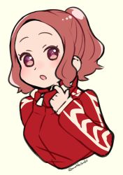 Rule 34 | 1girl, :o, alternate hairstyle, brown hair, cropped torso, do m kaeru, flat color, jacket, long sleeves, okumura haru, open mouth, persona, persona 5, ponytail, purple eyes, red jacket, short hair, simple background, sketch, solo, track jacket, twitter username, yellow background