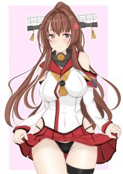 Rule 34 | 1girl, absurdres, black panties, black thighhighs, border, brown eyes, brown hair, cherry blossoms, clothes lift, commentary request, cowboy shot, detached sleeves, flower, hair flower, hair ornament, headgear, highres, hip vent, kantai collection, kikumon, long hair, looking at viewer, nitamako (sakamalh), panties, pink background, pleated skirt, ponytail, red skirt, single thighhigh, skirt, skirt lift, solo, thighhighs, two-tone background, underwear, white border, yamato (kancolle), z flag