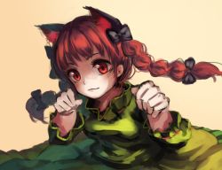 Rule 34 | 1girl, animal ears, berabou, bow, braid, cat ears, dress, green dress, hair bow, hair ornament, image sample, kaenbyou rin, long hair, long sleeves, looking at viewer, orange background, paw pose, red eyes, red hair, simple background, smile, solo, touhou, twin braids