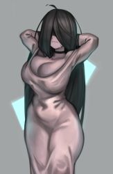 Rule 34 | 1girl, arms up, black choker, black hair, breasts, choker, cleavage, commentary, curvy, dress, frown, grey background, hair over eyes, highres, kelvin hiu, large breasts, long hair, pale skin, simple background, solo, sweatdrop, the ring, thick thighs, thighs, very long hair, white dress, wide hips, yamamura sadako