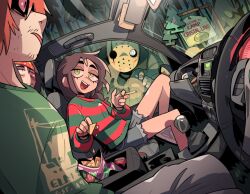 Rule 34 | 1girl, 3boys, :d, bandana, car interior, carles dalmau, cigarette, facial hair, food, friday the 13th, green sweater, highres, hockey mask, holding, holding cigarette, jason voorhees, knee up, knocking, looking at another, mask, multiple boys, nachos, open mouth, pants, red sweater, shaded face, short hair, shorts, sign, smile, steering wheel, striped clothes, striped sweater, stubble, sweater, teeth, upper teeth only, white eyes