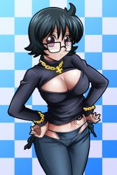 Rule 34 | 1girl, bikini jeans, black hair, bracelet, breasts, chain, chain necklace, chain, checkered background, cleavage, cleavage cutout, clothing cutout, covered erect nipples, cross, cross necklace, denim, glasses, gold chain, groin, hands on own hips, highres, hoimin (anchangdeath), hunter x hunter, inverted cross, jeans, jewelry, large breasts, looking at viewer, lowleg, lowleg pants, meme attire, midriff, navel, necklace, open-chest sweater, pants, purple eyes, shizuku murasaki, short hair, solo, spider tattoo, sweater, tattoo, turtleneck