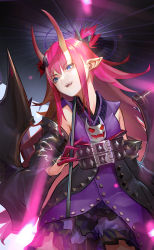 Rule 34 | absurdres, belt, black belt, black coat, black ribbon, blue eyes, coat, commentary request, detached sleeves, dress, elizabeth bathory (fate), elizabeth bathory (japan) (fate), fang, fate/grand order, fate (series), hair between eyes, hair ornament, hair ribbon, highres, holding, holding umbrella, horns, long hair, looking at viewer, nuda, official alternate costume, open mouth, pink hair, pointy ears, purple dress, ribbon, solo, umbrella