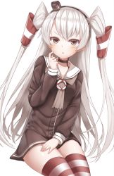Rule 34 | &gt;:o, 10s, 1girl, :o, amatsukaze (kancolle), black hairband, black neckwear, blush, brown dress, buttons, choker, collarbone, dress, finger to cheek, hair between eyes, hair tubes, hairband, hand on own thigh, hand up, hat, highres, kantai collection, lifebuoy, long hair, long sleeves, looking at viewer, mini hat, red thighhighs, revision, sailor collar, sailor dress, shimo (shimo 00), short dress, silver hair, simple background, sitting, solo, striped clothes, striped thighhighs, swim ring, thighhighs, two side up, v-shaped eyebrows, very long hair, white background, white thighhighs, zettai ryouiki