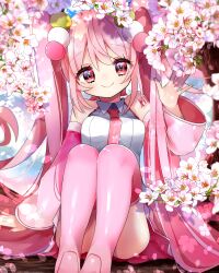Rule 34 | 1girl, absurdres, bare shoulders, breasts, cherry blossoms, collared shirt, commentary request, dango, detached sleeves, food, hair ornament, hand up, hatsune miku, highres, koyubisennti, long hair, looking at viewer, medium breasts, necktie, number tattoo, open hand, petals, pink eyes, pink hair, pink nails, pink necktie, pink skirt, pink sleeves, pink thighhighs, sakura miku, shirt, shoulder tattoo, sidelocks, signature, sitting, skirt, sleeveless, sleeveless shirt, smile, solo, symbol-shaped pupils, tattoo, thighhighs, twintails, very long hair, vocaloid, wagashi, white shirt