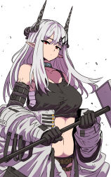 Rule 34 | 1girl, absurdres, arknights, black gloves, black panties, black tank top, breasts, chest sarashi, cleavage, closed mouth, commentary, cowboy shot, demon horns, english commentary, expressionless, gloves, grey hair, hair ornament, hammer, highres, holding, holding hammer, horns, infection monitor (arknights), jumpsuit, large breasts, long hair, looking at viewer, material growth, mudrock (arknights), mudrock (elite ii) (arknights), navel, open jumpsuit, oripathy lesion (arknights), panties, pointy ears, red eyes, samacho, sarashi, simple background, sledgehammer, sleeveless, solo, standing, stomach, straight hair, tank top, underwear, white background, white jumpsuit