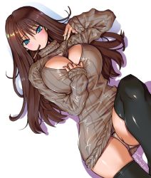 Rule 34 | 1girl, amania orz, between breasts, black thighhighs, blue eyes, blush, breasts, brown hair, cleavage, cleavage cutout, clothing cutout, colored shadow, dated, eating, eyelashes, food, hair between eyes, large breasts, long hair, long sleeves, lying, meme attire, on back, open-chest sweater, original, panties, pantyshot, pocky, ribbed sweater, shadow, shiny clothes, signature, skindentation, solo, sweater, thighhighs, turtleneck, twitter username, underwear, white panties