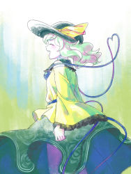 Rule 34 | 1girl, black hat, bow, breasts, closed eyes, commentary request, cowboy shot, eyeball, floral print, frilled sleeves, frills, green hair, green skirt, grimay, hat, hat bow, heart, heart of string, komeiji koishi, long sleeves, medium hair, open mouth, shirt, skirt, small breasts, smile, solo, third eye, touhou, wide sleeves, yellow bow, yellow shirt