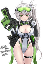 Rule 34 | 1girl, breasts, cleavage, closed mouth, commission, goggles, goggles on head, green eyes, grey hair, gun, hair ribbon, heattech leotard, holding, holding gun, holding weapon, large breasts, licking lips, long hair, looking at viewer, original, ribbon, side ponytail, simple background, skeb commission, solo, sunao (70 the), thigh strap, tongue, tongue out, turtleneck, weapon, white background, white ribbon