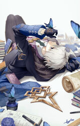 Rule 34 | 1boy, absurdres, air (ai r ), black eyes, black gloves, bug, butterfly, butterfly on hand, checkered necktie, fate/grand order, fate (series), gloves, grey hair, highres, inkwell, insect, james moriarty (ruler) (fate), lightning ahoge, lying, male focus, map, necktie, on back, pants, pen, puzzle piece print, ruler, signature, striped clothes, striped pants, textbook