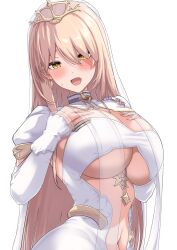 Rule 34 | 1girl, absurdres, blonde hair, blush, breasts, commentary request, fang, hair ornament, hands on own chest, highres, large breasts, long sleeves, looking at viewer, navel, nijisanji, nui sociere, nui sociere (6th costume), open mouth, see-through, simple background, skin fang, slit pupils, smile, solo, underboob, upanishi mariko, upper body, virtual youtuber, white background, yellow eyes