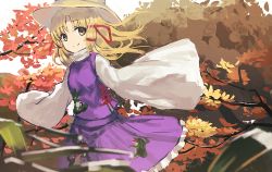 Rule 34 | 1girl, animal print, blonde hair, blurry, blurry foreground, breasts, closed mouth, commentary request, cowboy shot, depth of field, frilled skirt, frills, frog print, hair ribbon, hat, leaf, long hair, long sleeves, looking at viewer, moriya suwako, outdoors, parted bangs, purple skirt, purple vest, red ribbon, ribbon, ryokucha manma, shirt, skirt, skirt set, sleeves past fingers, sleeves past wrists, small breasts, smile, solo, touhou, tree, turtleneck, vest, white shirt, wide sleeves, yellow eyes