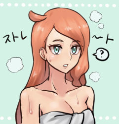 Rule 34 | 1girl, ?, alternate hairstyle, blush, breasts, cleavage, collarbone, commentary request, creatures (company), echizen (n fns17), eyelashes, game freak, green background, green eyes, hair down, light blush, long hair, naked towel, nintendo, parted lips, pokemon, pokemon swsh, solo, sonia (pokemon), spoken question mark, teeth, towel, wet