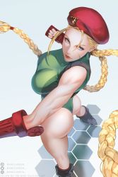 Rule 34 | 1girl, ass, beret, black footwear, blonde hair, blue eyes, boots, braid, breasts, cammy white, capcom, fingerless gloves, from above, gloves, green leotard, hat, highres, holster, leotard, lipstick, long hair, makeup, medium breasts, muscular, muscular female, red gloves, red hat, scar, scar on face, sleeveless, solo, street fighter, street fighter v, twin braids, twintails, very long hair, wandzardeen, white background