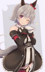 Rule 34 | 1girl, ;), animal ears, bare shoulders, black jacket, blush, bow, breasts, closed mouth, collared dress, commentary request, curren chan (umamusume), dress, ear bow, grey background, grey hair, hair between eyes, hands up, head tilt, highres, horse ears, horse girl, horse tail, interlocked fingers, jacket, medium breasts, minakami mimimi, off-shoulder jacket, off shoulder, one eye closed, own hands together, purple eyes, red bow, red thighhighs, sleeveless, sleeveless dress, smile, solo, star (symbol), striped clothes, striped dress, tail, thighhighs, umamusume, vertical-striped clothes, vertical-striped dress
