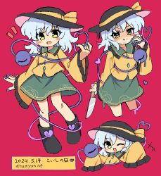 Rule 34 | +++, 1girl, black footwear, black hat, blue nails, blush stickers, boots, closed mouth, collared shirt, dated, fingernails, frilled sleeves, frills, green eyes, green skirt, grey hair, hat, hat ribbon, heart, heart of string, highres, holding, holding knife, knife, komeiji koishi, long hair, long sleeves, multiple views, nail polish, open mouth, ramudia (lamyun), red background, ribbon, shirt, simple background, skirt, smile, third eye, tongue, tongue out, touhou, twitter username, wide sleeves, yellow ribbon, yellow shirt