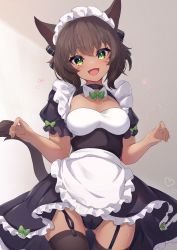 Rule 34 | 1girl, :d, absurdres, animal ears, apron, black bow, black dress, black panties, blush, bow, brown hair, brown thighhighs, collarbone, commentary request, commission, copyright request, dark-skinned female, dark skin, dress, facial mark, frilled apron, frills, garter straps, gluteal fold, green bow, green eyes, groin, hair between eyes, hair bow, heart, highres, hinata (user rjkt4745), looking at viewer, maid, open mouth, panties, puffy short sleeves, puffy sleeves, short sleeves, skeb commission, smile, solo, striped, striped bow, tail, thighhighs, underwear, whisker markings, white apron