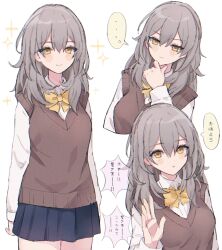 Rule 34 | ..., 1girl, anaketsu, blue skirt, bow, bowtie, brown vest, collared shirt, commentary, grey hair, hand on own chin, highres, honkai: star rail, honkai (series), long hair, looking at viewer, multiple views, parted lips, pleated skirt, school uniform, shirt, skirt, sparkle, spoken ellipsis, stelle (honkai: star rail), trailblazer (honkai: star rail), vest, white shirt, yellow bow, yellow bowtie, yellow eyes