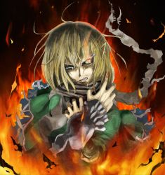 Rule 34 | 1girl, angry, blonde hair, female focus, fire, green eyes, mizuhashi parsee, nail polish, pointy ears, ross (clumzero), scarf, short hair, solo, tears, teeth, torn clothes, touhou
