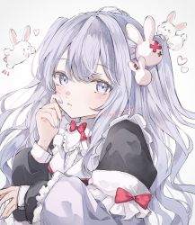 Rule 34 | 1girl, apron, artist name, black dress, blush, bow, commentary, dress, eyelashes, frilled apron, frills, grey eyes, grey hair, hair ornament, heart, highres, long hair, looking at viewer, maid, nail polish, original, parted lips, rabbit, rabbit hair ornament, red bow, silver nails, simple background, solo, white apron, white background, yuni 0205