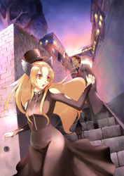 Rule 34 | 1boy, 1girl, animal ears, bad id, bad pixiv id, blonde hair, brown hair, cat, cat ears, clothing cutout, coat, dress, hat, highres, original, shoulder cutout, stairs, sts, top hat, trench coat, yellow eyes