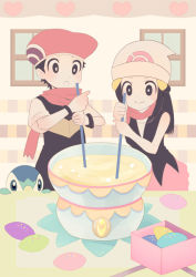 Rule 34 | 1boy, 1girl, beanie, black hair, blush, closed mouth, cocoloco, commentary request, creatures (company), dawn (pokemon), game freak, gen 4 pokemon, hat, holding, long hair, looking down, lucas (pokemon), nintendo, pink headwear, pink scarf, piplup, poke ball print, pokemon, pokemon (creature), pokemon dppt, scarf, short sleeves, sleeveless, smile, stirring, stirring rod, white headwear