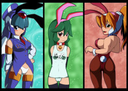 Rule 34 | 3girls, animal costume, animal ears, arm behind back, ass, backless outfit, bare arms, bare shoulders, bell, black border, blonde hair, blush, border, breasts, capcom, choker, ciel (mega man), closed mouth, collar, covered erect nipples, fake animal ears, green hair, hair between eyes, hair ornament, hairband, hand on own hip, headgear, helmet, high ponytail, large breasts, leotard, fairy leviathan (mega man), long hair, looking at viewer, looking back, looking to the side, mega man (series), mega man zero (series), mega man zx, multiple girls, neck bell, necktie, open mouth, pandora (mega man), pantyhose, playboy bunny, ponytail, rabbit ears, rabbit hair ornament, rabbit tail, red eyes, red neckwear, school swimsuit, semikichi, sideboob, small breasts, smile, swimsuit, tail, thighhighs, wrist cuffs