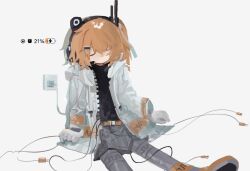 Rule 34 | 1girl, a.i. voice, adachi rei, battery indicator, belt, black shirt, cable, charging device, closed eyes, electrical outlet, feet out of frame, gloves, grey leggings, grey skirt, hair ribbon, headlamp, headset, highres, jacket, leggings, long sleeves, lu ren (scotuer), medium hair, one side up, open clothes, open jacket, orange belt, orange hair, radio antenna, ribbon, shirt, simple background, sitting, skirt, solo, utau, white background, white gloves, white jacket, white ribbon, zipper