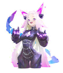 Rule 34 | 1girl, \n/, absurdres, agoto, black bodysuit, bodysuit, breasts, covered navel, cowboy shot, double \n/, glitch, gradient hair, hands up, highres, indie virtual youtuber, long hair, looking at viewer, medium breasts, multicolored hair, official art, open mouth, purple eyes, purple hair, skin tight, smile, solo, very long hair, virtual youtuber, white hair