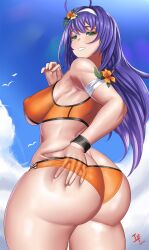 Rule 34 | 1girl, arcedo, ass, ass focus, ass grab, bare shoulders, bikini, blush, breasts, butt crack, come hither, deep skin, fire emblem, fire emblem: radiant dawn, fire emblem heroes, from behind, green eyes, grin, hairband, huge ass, large breasts, long hair, looking at viewer, looking down, mia (fire emblem), naughty face, nintendo, purple hair, short shorts, shorts, sideboob, smile, solo, sports bra, swimsuit, very long hair