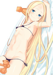 Rule 34 | 1girl, abigail williams (fate), arm up, armpits, artist name, bare arms, bare shoulders, bed sheet, bikini, black bikini, blonde hair, blue eyes, blush, breasts, closed mouth, collarbone, commentary request, covered erect nipples, dutch angle, fate/grand order, fate (series), forehead, groin, highres, long hair, looking at viewer, lying, micro bikini, on back, oz ma33, parted bangs, side-tie bikini bottom, small breasts, smile, solo, stuffed animal, stuffed toy, swimsuit, teddy bear, very long hair, white background