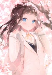 Rule 34 | 1girl, absurdres, backpack, bag, blue eyes, blush, bow, bowtie, branch, brown hair, buttons, day, flower, gomzi, hands up, highres, holding, lips, long hair, long sleeves, looking at viewer, original, outdoors, petals, scan, shirt, simple background, smile, solo, tree, upper body, yuuna (gomzi)