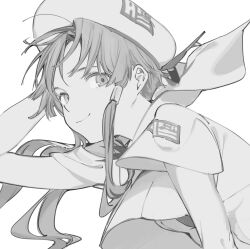 Rule 34 | 1girl, aria (manga), aria company uniform, arm up, beret, bow, bowtie, breasts, closed mouth, eyelashes, greyscale, hair tubes, hat, hat ribbon, highres, looking at viewer, mizunashi akari, monochrome, parted bangs, ribbon, sailor collar, short hair with long locks, short sleeves, simple background, small breasts, smile, solo, suiso (owp), upper body