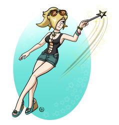 Rule 34 | 1girl, bare arms, bare legs, black one-piece swimsuit, blonde hair, breasts, cleavage, hair over one eye, high heels, highres, jewelry, legs, long hair, mario (series), nintendo, one-piece swimsuit, rosalina, shorts, simple background, smile, solo, sunglasses, super mario 3d world, super mario bros. 1, super mario galaxy, super smash bros., swimsuit, wedge heels