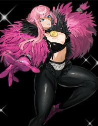 1girl black_pants blue_eyes breasts feather_boa gloves highres knee_up manon_legrand medallion official_alternate_costume outstretched_arms pants pink_gloves pink_hair short_hair_with_long_locks smile solo street_fighter street_fighter_6 tight_clothes tight_pants toned_female trnnmnm4