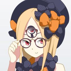 Rule 34 | abigail williams (fate), adjusting eyewear, blonde hair, bow, commentary, fate/grand order, fate (series), glasses, hand on eyewear, hat, long hair, orange bow, panasonynet, polka dot, polka dot bow, portrait, red eyes, simple background, solo