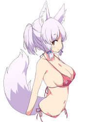 Rule 34 | 1girl, animal ears, bikini, blush, breasts, brown eyes, cleavage, closed mouth, collarbone, fox ears, fox girl, fox tail, hair ribbon, highres, large breasts, looking at viewer, looking to the side, machikado mazoku, mel (melty pot), navel, ponytail, red bikini, ribbon, riko (machikado mazoku), side-tie bikini bottom, simple background, smile, solo, swimsuit, tail, white background, white hair