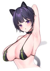 Rule 34 | 1girl, :o, akai ame, animal ears, arm behind head, armpits, bikini, black bikini, black choker, breasts, cat ears, cat girl, cat tail, choker, collarbone, commentary request, highres, large breasts, looking at viewer, original, purple eyes, purple hair, short hair, simple background, swimsuit, tail, upper body, white background