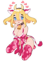 Rule 34 | 1girl, :3, :d, animal ears, animal print, bell, between legs, big hair, bikini, blonde hair, blue eyes, breasts, cleavage, commentary, commission, cow ears, cow horns, cow print, cow tail, cowbell, english commentary, full body, gloves, hairband, halphelt, hand between legs, heart, heart-shaped pupils, highres, horns, kneeling, large breasts, looking at viewer, medium hair, neck bell, open mouth, original, pink bikini, pink gloves, pink thighhighs, simple background, smile, solo, swimsuit, symbol-shaped pupils, tail, thighhighs, white background