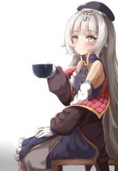 Rule 34 | 1girl, absurdres, azur lane, bare shoulders, beret, black hat, blue dress, blush, brown jacket, chair, closed mouth, commentary request, cup, dress, food, frilled dress, frills, from side, gloves, gradient background, grey background, grey hair, hat, headpiece, highres, holding, holding cup, jacket, long hair, long sleeves, looking at viewer, looking to the side, moyoron, off shoulder, on chair, open clothes, open jacket, puffy long sleeves, puffy sleeves, sitting, sleeves past wrists, smile, solo, table, very long hair, white background, white gloves, yellow eyes, z46 (azur lane)