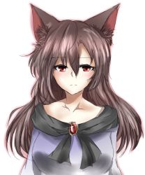 Rule 34 | 1girl, animal ears, blush, breasts, brooch, brown hair, collarbone, dress, highres, imaizumi kagerou, jewelry, kakuteru sudachi, large breasts, looking at viewer, miao zhao sudachi, red eyes, simple background, solo, touhou, upper body, white background, wolf ears