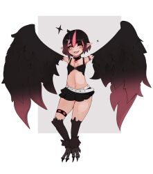 Rule 34 | 1girl, ahoge, armlet, bare shoulders, belt, bird legs, black hair, black skirt, black tank top, black wings, blush, breasts, bright pupils, choker, commentary request, crop top, feathers, gradient hair, gradient wings, grey background, hair between eyes, heart, heart choker, highres, midriff, miniskirt, multicolored hair, multicolored wings, navel, nuggets (cokekock), open mouth, original, pink feathers, pink hair, pink wings, short hair, skirt, small breasts, solo, sparkle, talons, tank top, thighlet, two-tone background, white background, white belt, white pupils, wings, yellow eyes