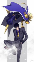 Rule 34 | 2boys, aion kiu, android, arm guards, avicebron (fate), black suit, blonde hair, blue cape, blue capelet, cape, capelet, crossover, elbow pads, fate/apocrypha, fate (series), feet up, formal, hand on another&#039;s shoulder, ice, jumping, kekkai sensen, long hair, male focus, mask, mechanical legs, multiple boys, necktie, one eye closed, shirt, short hair, spikes, steven a. starphase, striped clothes, striped legwear, striped shirt, suit, vertical-striped clothes, vertical-striped legwear, vertical-striped shirt