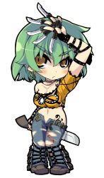Rule 34 | 10s, 1girl, belt, breasts, chibi, cleavage, collarbone, crazy developers, denim, earrings, full body, green hair, highres, hikage (senran kagura), jeans, jewelry, knife, midriff, navel, no panties, open belt, pants, senran kagura, shoes, short hair, sword, tattoo, torn clothes, torn jeans, torn pants, transparent background, unbuckled, unbuttoned, unzipped, weapon, yellow eyes, zipper